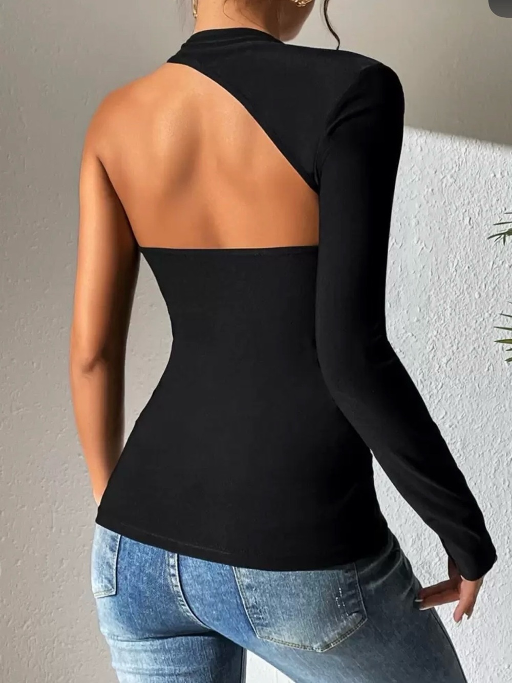 Women’s One-Shoulder Black Asymmetric Top - Picture 3 of 7